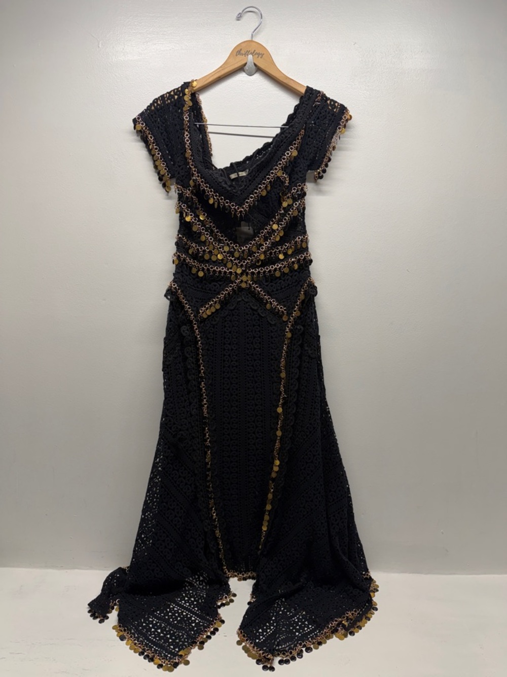 Thurley Indigo Mini Dress Off Shoulder Lace Mesh Metal Chain Black New Size 4